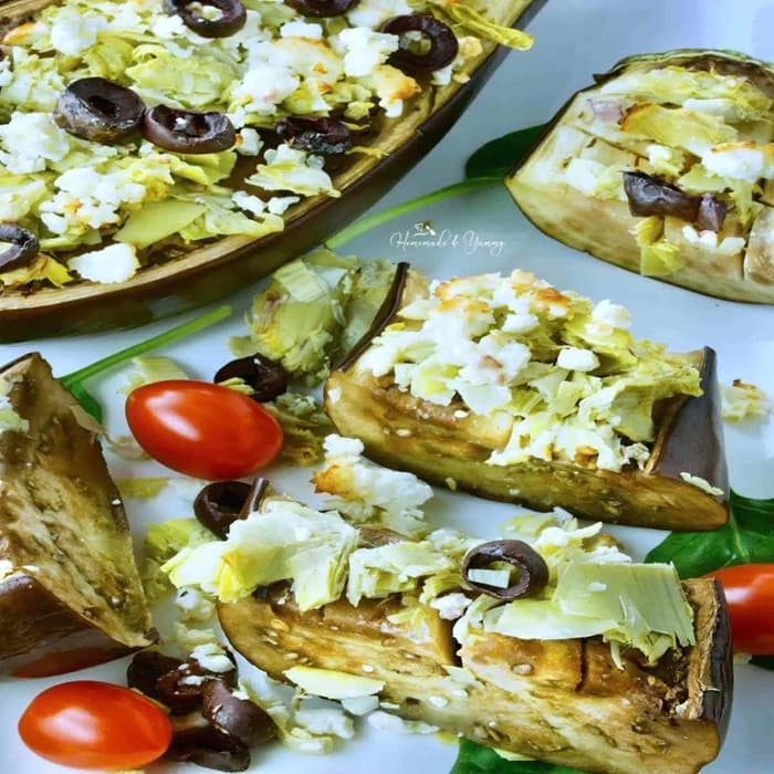 Roast aubergine with goat's cheese & toasted flatbread
